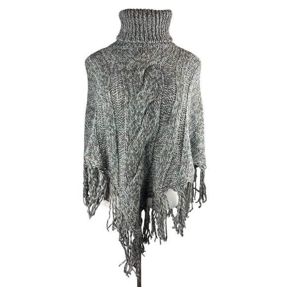 Inis Crafts 100% Merino Wool Poncho Sweater Cape Fringe Brown Irish Made S/M - Picture 4 of 16